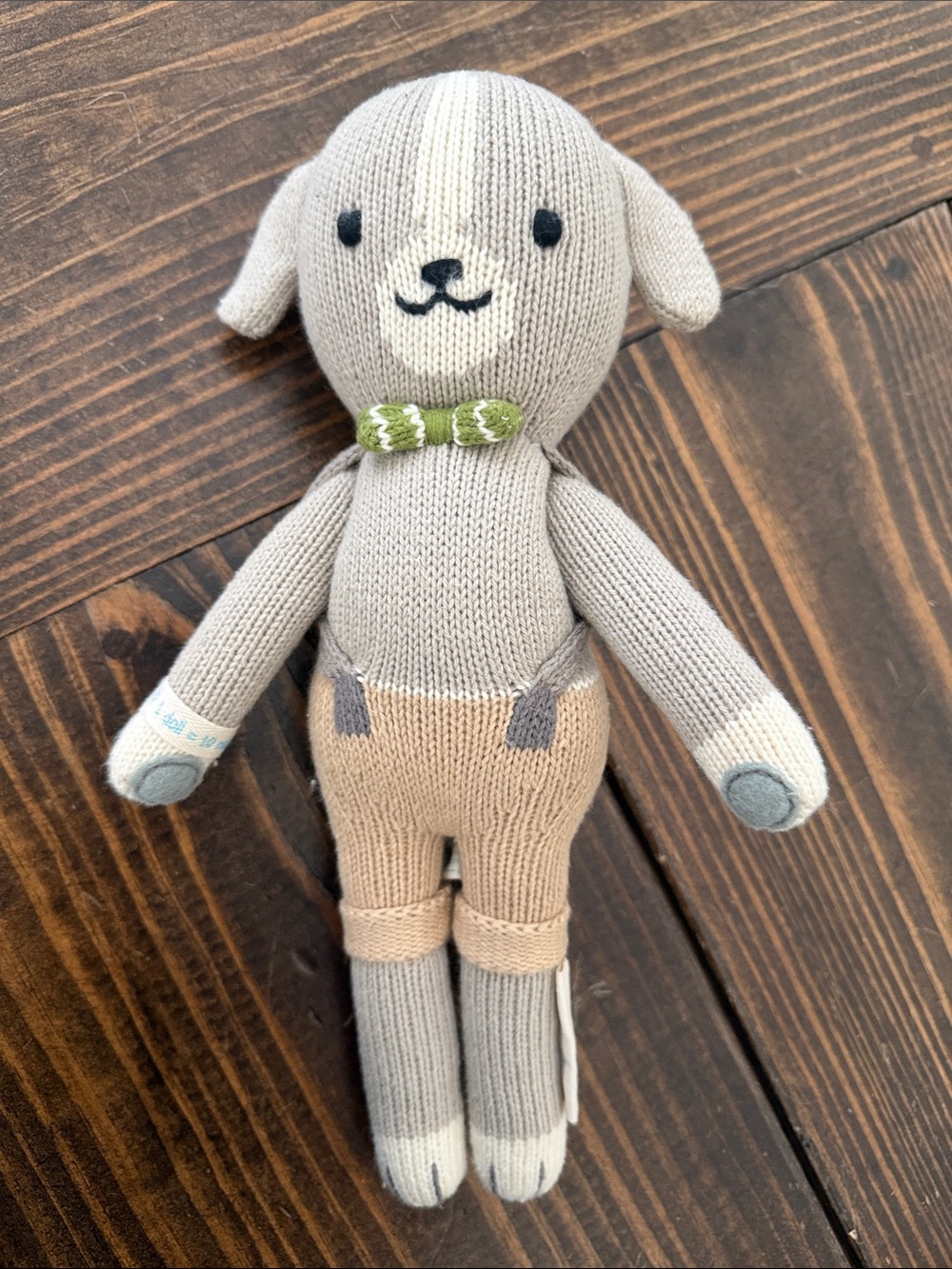 Noah the Dog- Hand-Knit Neutral Puppy Doll with Green Bow Collar